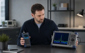 Tecnico confronta un rilevatore RF portatile e un analizzatore di spettro in un ambiente professionale