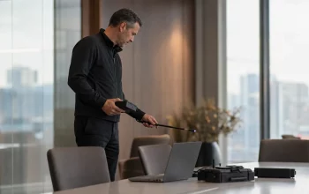 Tecnico specializzato durante una bonifica ambientale in un ufficio moderno