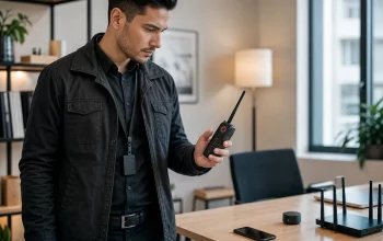 Tecnico che verifica segnali radio in un ufficio moderno con dispositivi wireless presenti