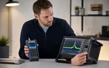 Tecnico confronta un rilevatore RF portatile e un analizzatore di spettro in un ambiente professionale