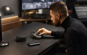 Kit di ascolto digitale su scrivania moderna con dispositivi compatti e finitura professionale
