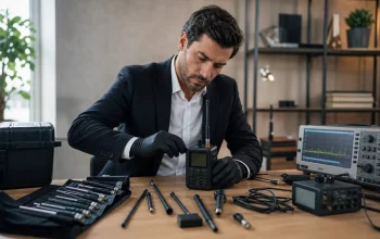 Ricevitore radio professionale con antenne e strumenti tecnici su tavolo pulito