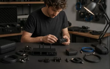 Kit professionale di microspie digitali con trasmettitore, ricevitore e accessori su superficie scura